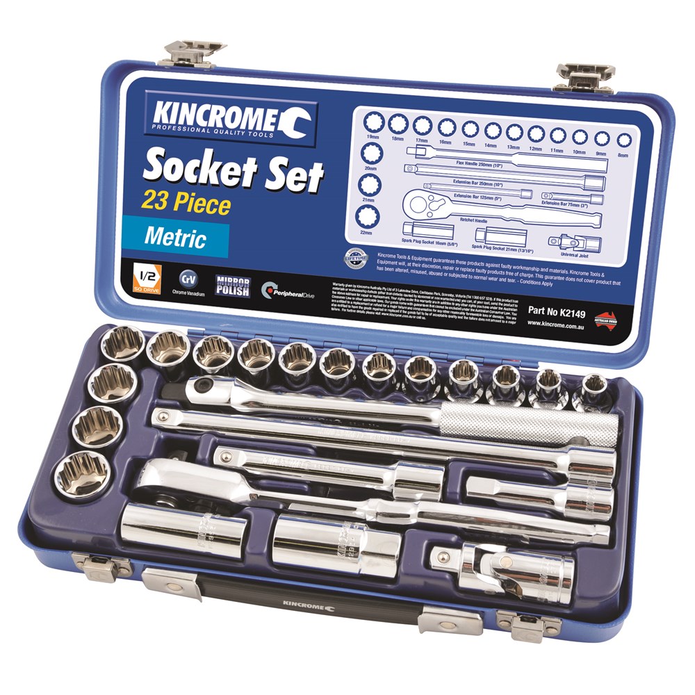 KINCROME SOCKET SET METRIC | 1/2 INCH DRIVE 23 PCE K2149