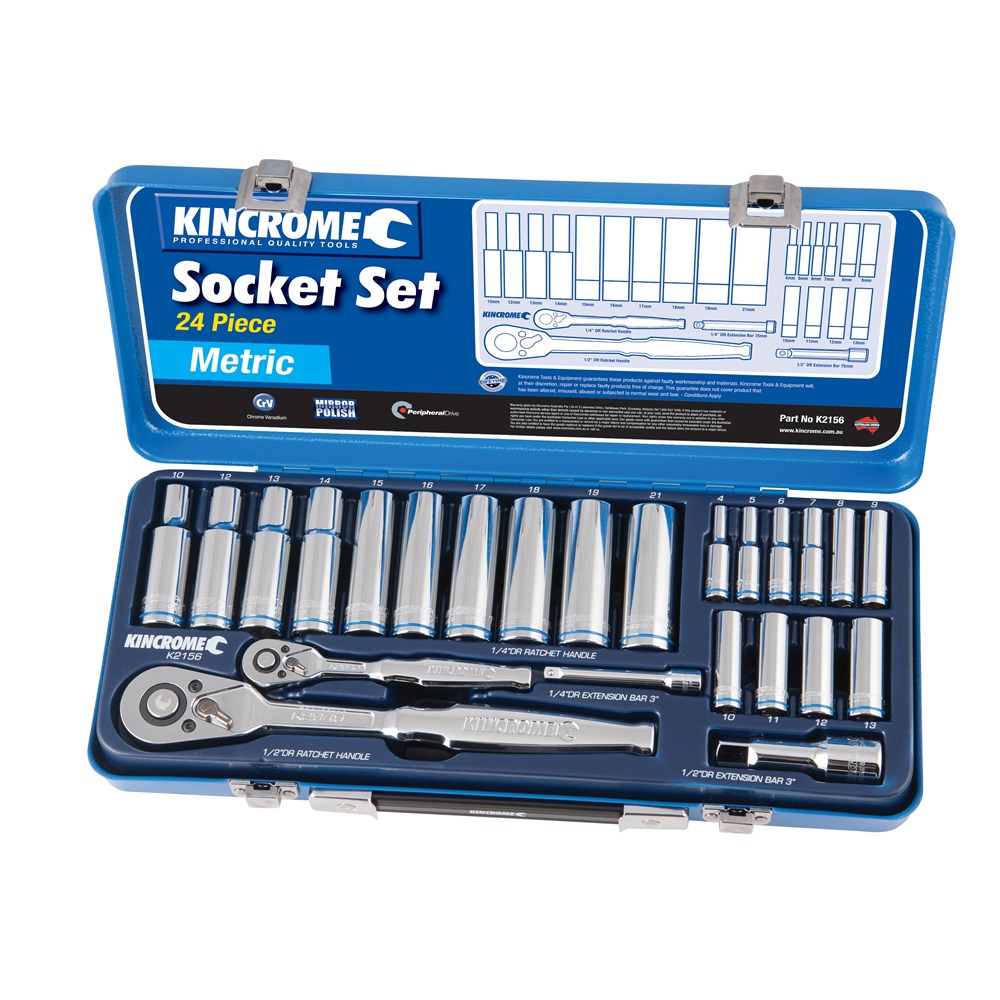 KINCROME SOCKET SET DEEP | 1/4 & 1/2 INCH DRIVE 24 PCE K2156