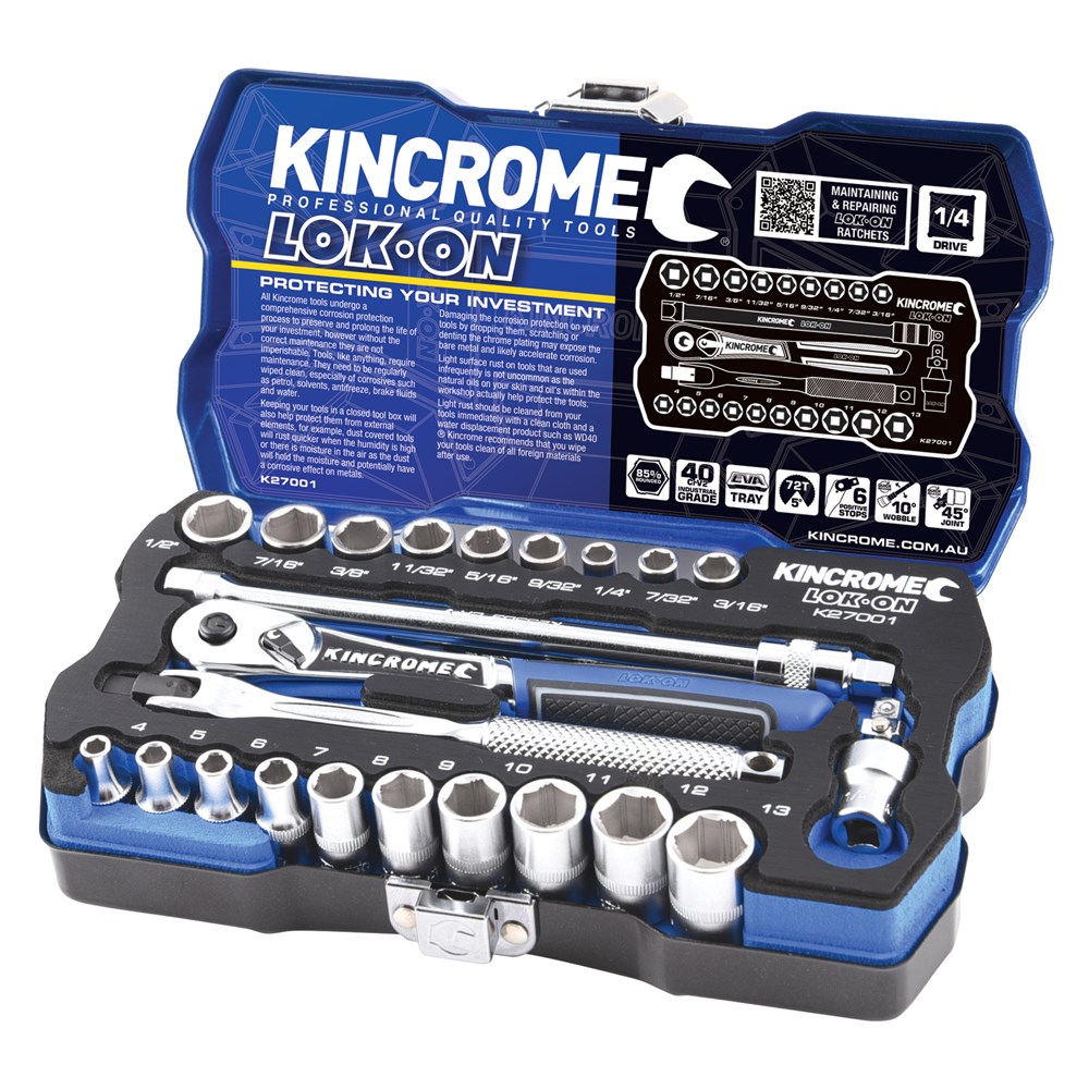 KINCROME SOCKET SET LOK-ON METRIC & IMPERIAL | 1/4 INCH DRIVE 24 PCE K27001