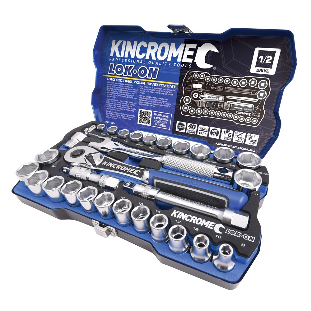 KINCROME SOCKET SET LOK-ON METRIC & IMPERIAL | 1/2 INCH DRIVE 29 PCE K27024