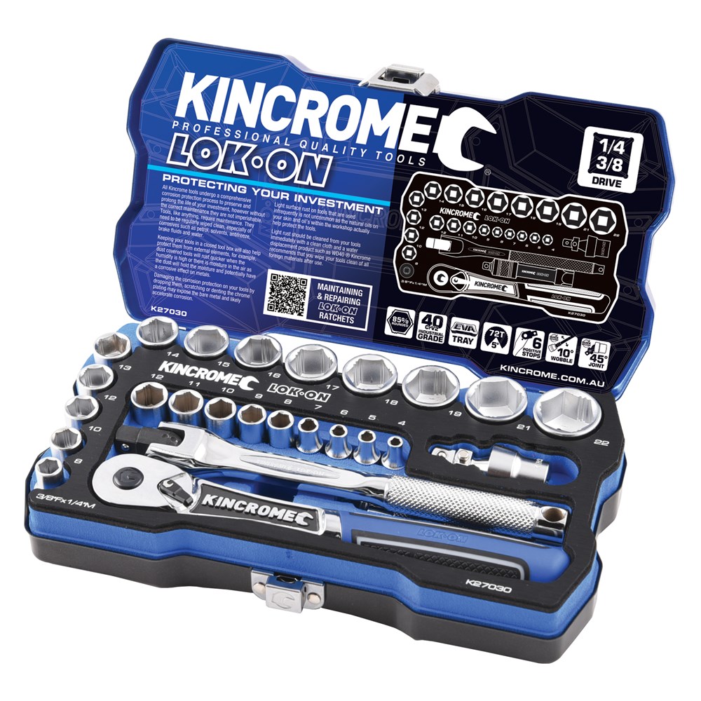 KINCROME SOCKET SET LOK-ON METRIC | 1/4 & 3/8 INCH DRIVE 26 PCE K27030