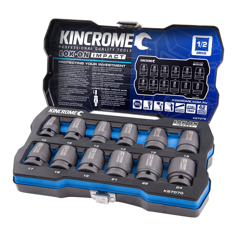 KINCROME SOCKET SET LOK-ON IMPACT METRIC | 1/2 INCH DRIVE 12 PCE K27070