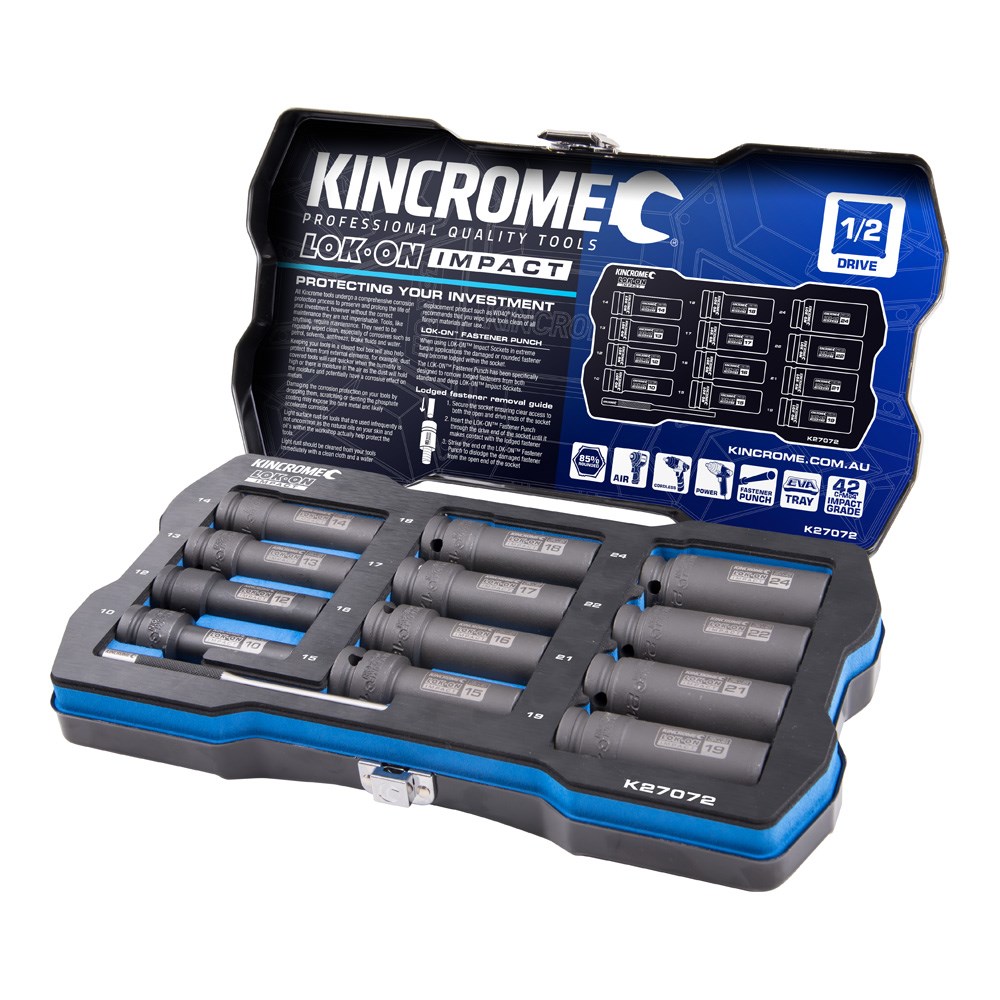 KINCROME SOCKET SET LOK-ON IMPACT METRIC | DEEP 1/2 INCH DRIVE 12 PCE K27072