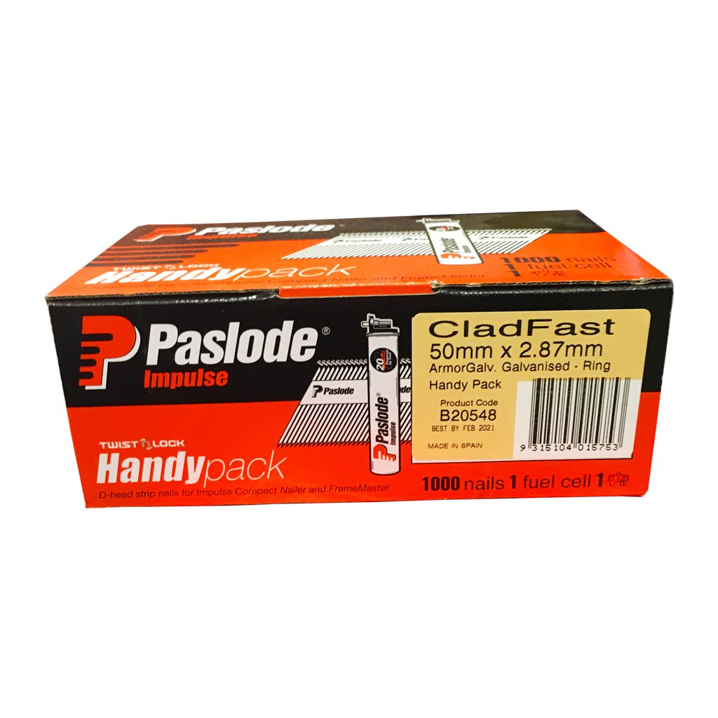 PASLODE IMPULSE CLADFAST NAIL RING 1 FUEL CELL 1000 NAILS ARMOUR GAL 50 x 2.87mm